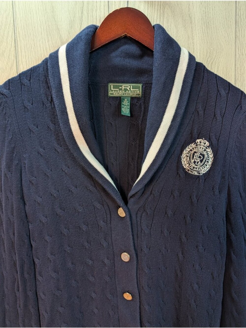 Lauren Active Ralph Lauren Crest Cardigan Sweater Medium Cable Knit Preppy Blue - Picture 2 of 7